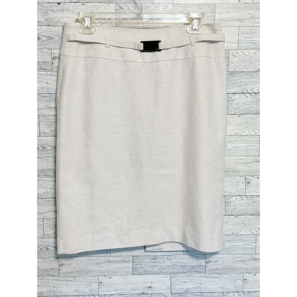 Calvin Klein Beige Linen Blend Pencil Skirt Buckle Detail Size 6‎ Professional